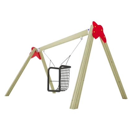 Altalena inclusiva Montanalegno, modello con seggiolino a cestone. realizzata in legno di pino impregnato in autoclave, fatta in Italia