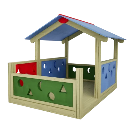 Casetta per parco giochi con veranda Montanalegno, realizzata in legno di pino impregnato in autoclave, fatta in Italia
