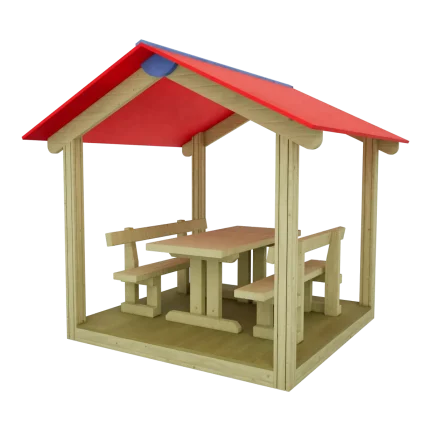 Casetta per parco giochi con tavolo e panche Montanalegno, realizzata in legno di pino impregnato in autoclave, fatta in Italia