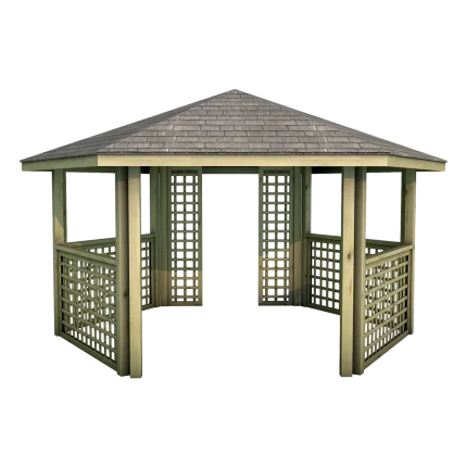 Gazebo esagonale Montanalegno, modello Polis, realizzato in legno di pino impregnato in autoclave, fatto in Italia