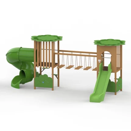 Torretta gioco doppia Tree Montanalegno, modello con ponte mobile e scivolo a tubo, in alluminio effetto legno, per parchi gioco