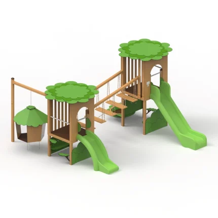 Torretta gioco doppia Tree Montanalegno, modello con casetta sospesa, in alluminio effetto legno, per aree gioco all'aperto