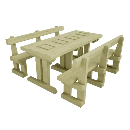 Tavolo didattico con vaschette e panche Montanalegno, modello Spluga realizzato in legno di pino impregnato in autoclave, fatta in Italia