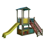 Torre gioco doppia con negozio Montanalegno, linea Magic City, realizzata in legno di pino impregnato in autoclave, fatta in Italia