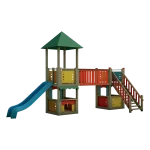 Torre gioco doppia con ponte piano Montanalegno, linea Magic City, realizzata in legno di pino impregnato in autoclave, fatta in Italia