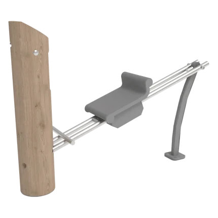 Attrezzo fitness LegPush Montanalegno per esercizi gambe e glutei, realizzato in legno di robinia e acciaio inox, ideale per aree fitness all'aperto