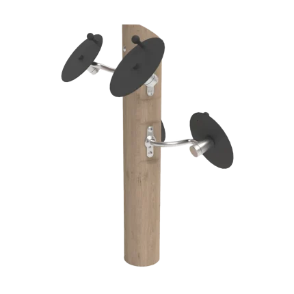 Attrezzo fitness Tai Chi Spinner doppio Montanalegno per esercizi di mobilità delle spalle, realizzato in legno di robinia e acciaio inox, ideale per aree fitness all'aperto