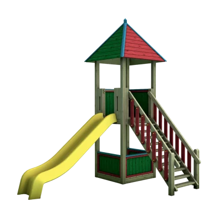 Torre gioco singola con tetto a 4 falde Montanalegno, linea Country, realizzata in legno di pino impregnato in autoclave, fatta in Italia