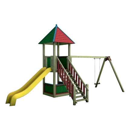 Torre gioco singola con altalena Montanalegno, linea Country, realizzata in legno di pino impregnato in autoclave, fatta in Italia