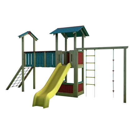 Torre gioco singola con ingresso e palestrina Montanalegno, linea Country, realizzata in legno di pino impregnato in autoclave, fatta in Italia