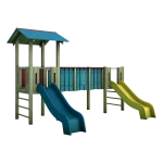 Torre gioco doppia con ponte piano Montanalegno, linea Country, realizzata in legno di pino impregnato in autoclave, fatta in Italia
