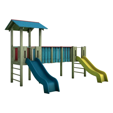 Torre gioco doppia con ponte piano Montanalegno, linea Country, realizzata in legno di pino impregnato in autoclave, fatta in Italia
