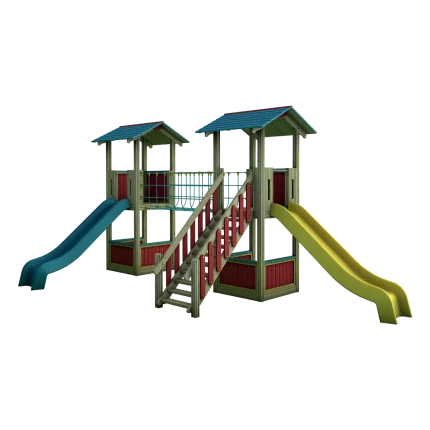 Torre gioco doppia con ponte tibetano Montanalegno, linea Country, realizzata in legno di pino impregnato in autoclave, fatta in Italia