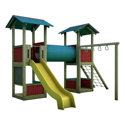 Torre gioco doppia con tunnel Montanalegno, linea Country, realizzata in legno di pino impregnato in autoclave, fatta in Italia