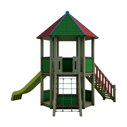 Torre gioco esagonale Montanalegno, linea Country, realizzata in legno di pino impregnato in autoclave, fatta in Italia
