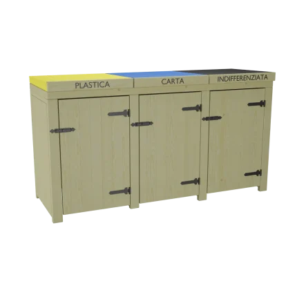 Portarifiuti Montanalegno, modello Portasacco Ecotrio, realizzato in legno di pino impregnato in autoclave, fatto in Italia