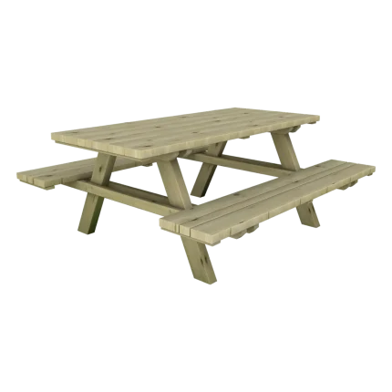 Tavolo da esterno con panche integrate Montanalegno, modello Stelvio, realizzato in legno di pino impregnato in autoclave, fatto in Italia.
