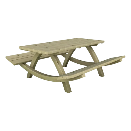 Tavolo da esterno con panche integrate Montanalegno, modello Giglio, realizzato in legno di pino impregnato in autoclave, fatto in Italia.