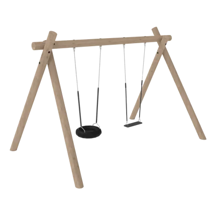Altalena doppia Montanalegno, modello con 1 seggiolino tavoletta e 1 pneumatico, realizzata in legno di robinia, ideale per parchi gioco