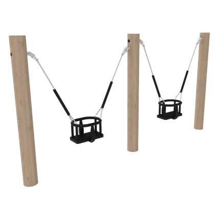 Altalena doppia sospesa Montanalegno, modello con 2 seggiolini baby, realizzata in legno di robinia, ideale per parchi gioco