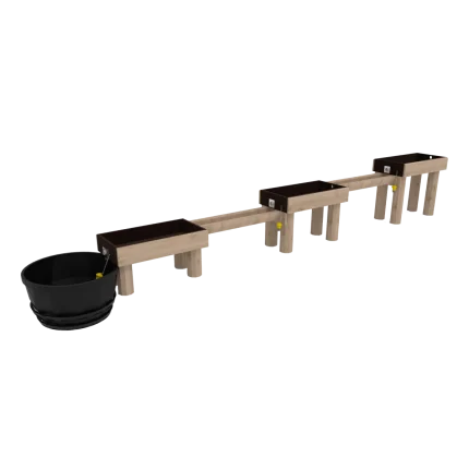 Gioco d'acqua Montanalegno, modello con 3 vasche, realizzato in legno di robinia e plastica, ideale per parchi gioco
