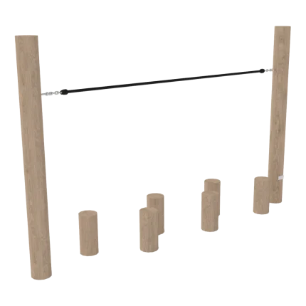 Gioco di equilibrio Montanalegno, modello con corda e pali, realizzato in legno di robinia, ideale per parchi gioco