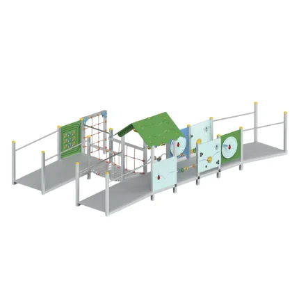 Struttura gioco inclusiva Montanalegno, con rampe per accesso con sedie a rotelle, pannelli gioco accessibili e ponte mobile, in alluminio, ideale per parchi gioco all'aperto