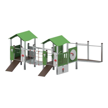 Torre gioco doppia inclusiva Nature Montanalegno, con rampe di accesso e discesa, pannelli gioco e tetto a due falde, in alluminio, ideale per aree gioco inclusive