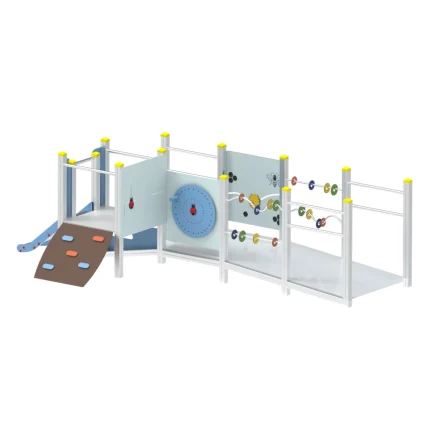Torretta gioco inclusiva Montanalegno, struttura con rampe di accesso facilitato e pannelli gioco accessibili, in alluminio, ideale per aree gioco inclusive