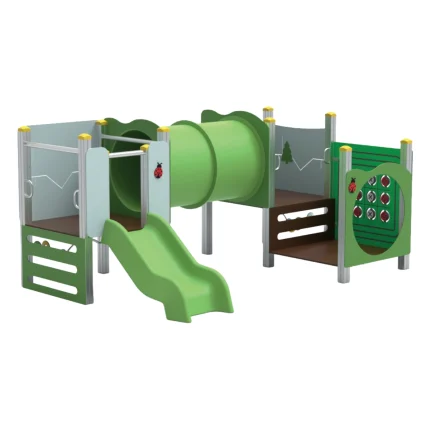 Torretta gioco verde con tunnel e scivolo